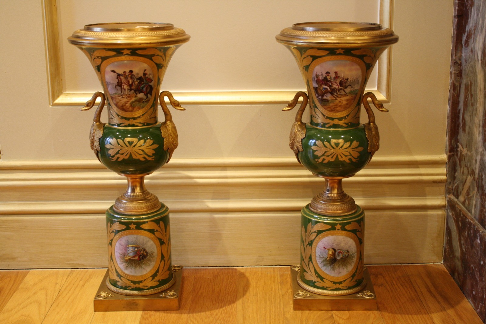MAGNIFICENT PR OF 19C FRENCH SEVRES PORCELAIN GILT BRONZE MOUNTED HANDLED URNS MAGNIFICENT PR OF 19C FRENCH SEVRES PORCELAIN GILT BRONZE MOUNTED HANDLED URNS