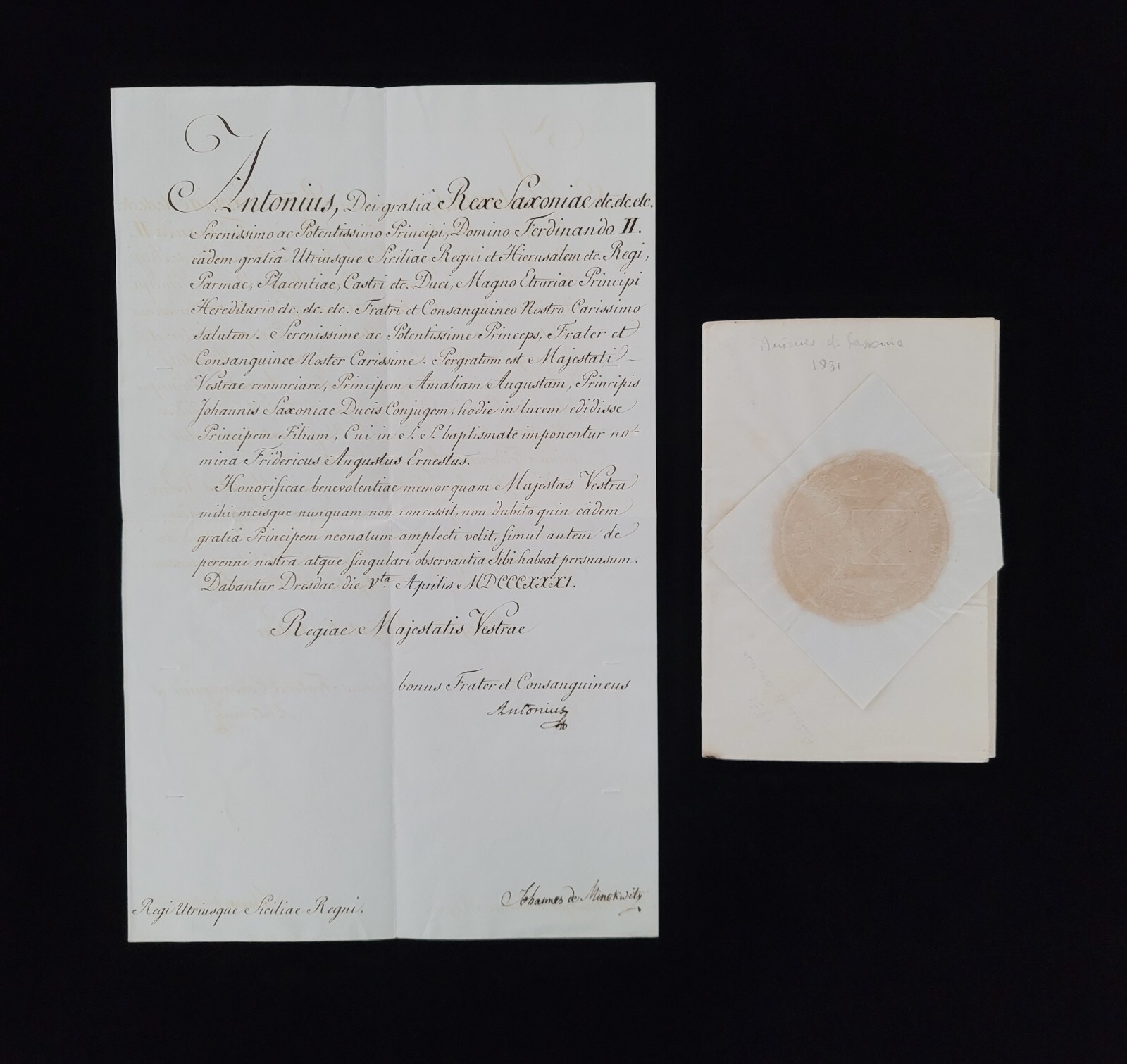 1831 King Anthony of Saxony Signed Royalty Document Letter Royalty Ferdinand II