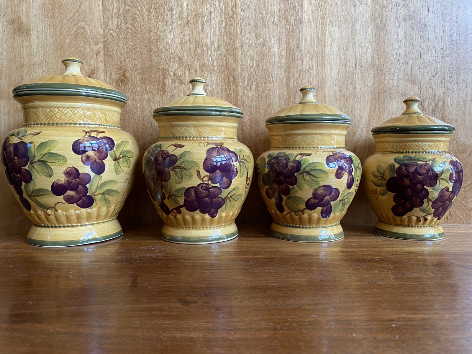 Casa Vero By ACK Grape Pattern Canisters  Set Of Four Hand Painted Gold Glaze