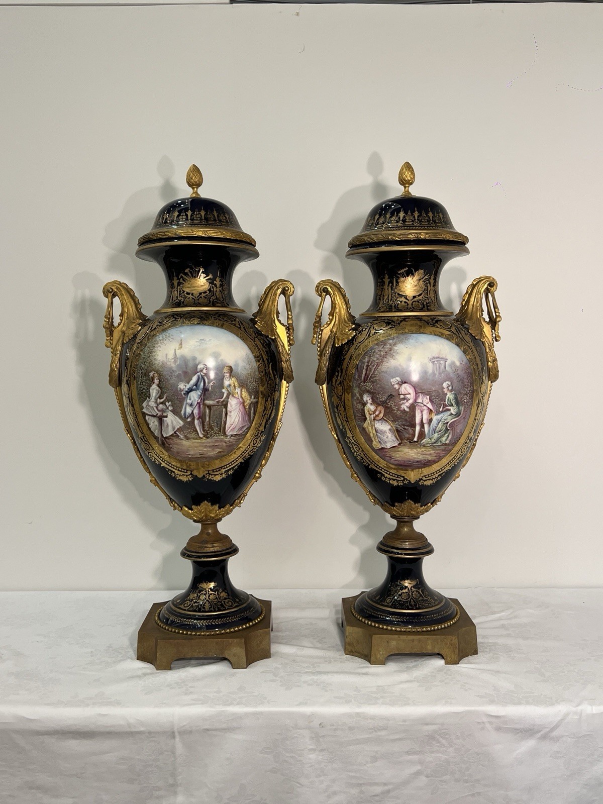 A Pair of Large French Sevres Style Hand Painted Vases and Lids 19th Century Era