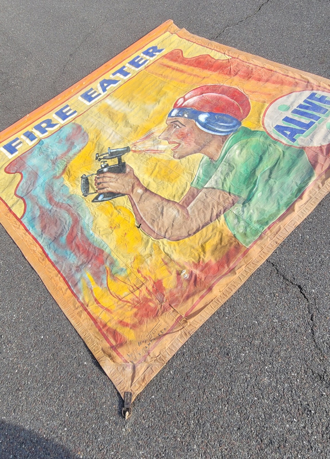 Huge 9 foot SNAP WYATT Vintage Painted Canvas Circus Banner FIRE EATER Huge 9 foot SNAP WYATT Vintage Painted Canvas Circus Banner FIRE EATER