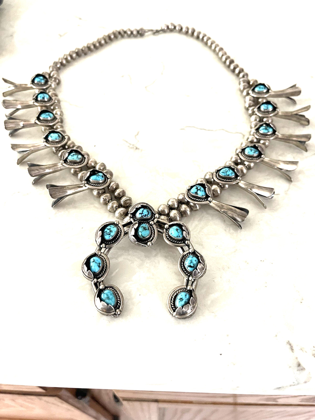 Navajo Sterling Amazing Morenci Turquoise Squash Blossom Naja Necklace Navajo Sterling Amazing Morenci Turquoise Squash Blossom Naja Necklace