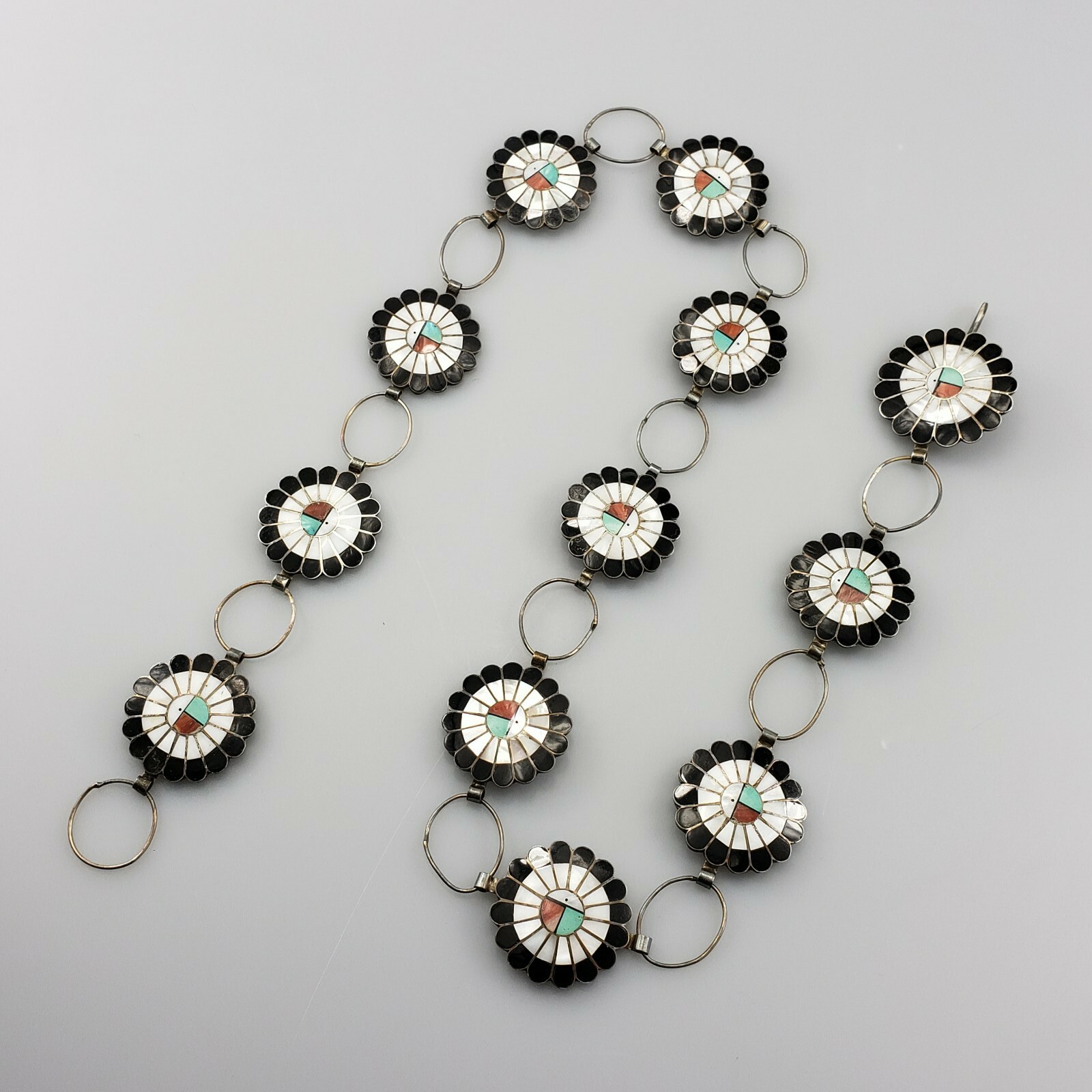 Exceptional Zuni Artist Signed Sterling Silver Concho Inlay Belt Southwestern Exceptional Zuni Artist Signed Sterling Silver Concho Inlay Belt Southwestern