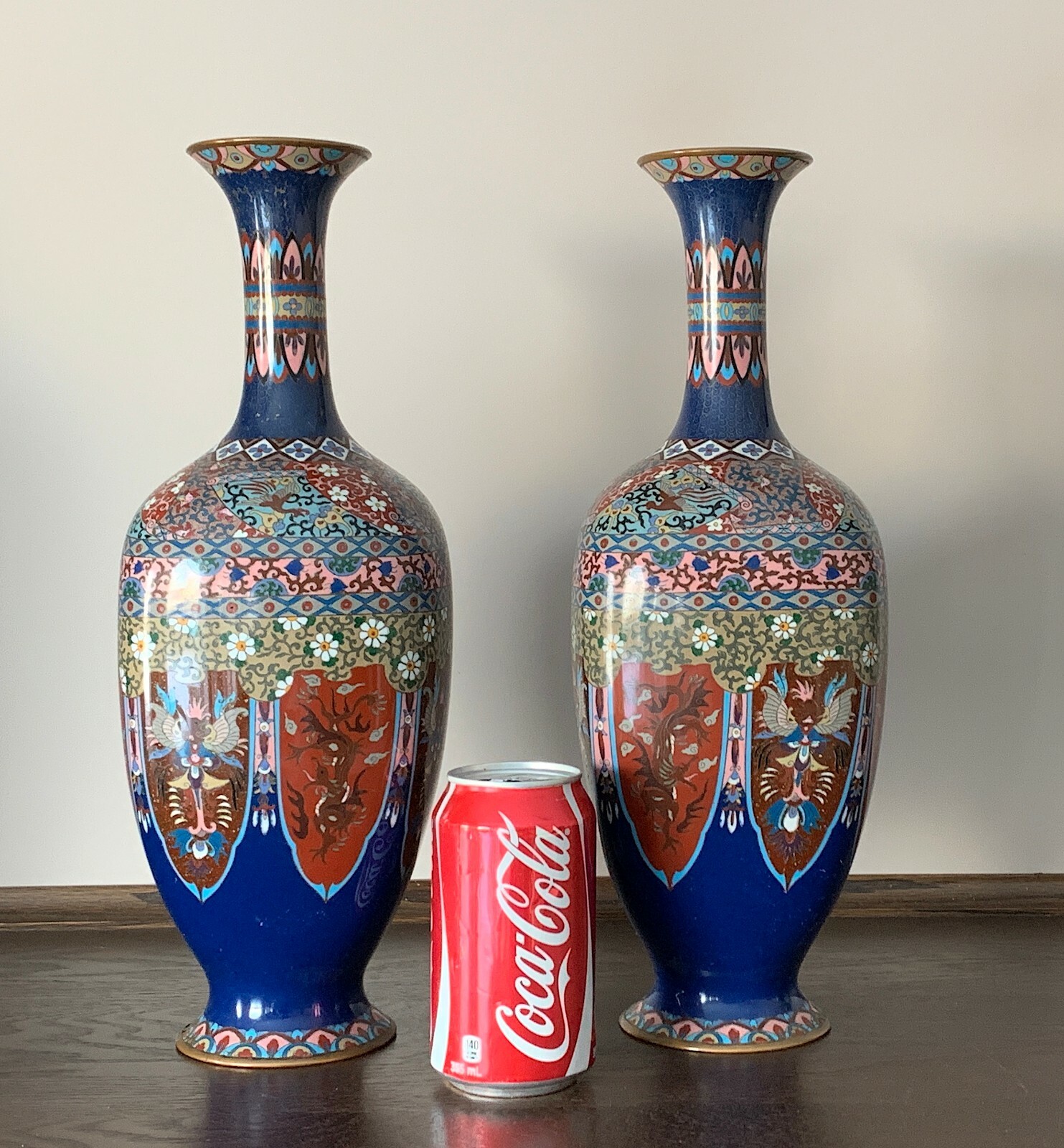 Huge Pair of Japanese cloisonne vases, Meiji period hexagonal, 37.5cm; 333 Huge Pair of Japanese cloisonne vases, Meiji period hexagonal, 37.5cm; 333