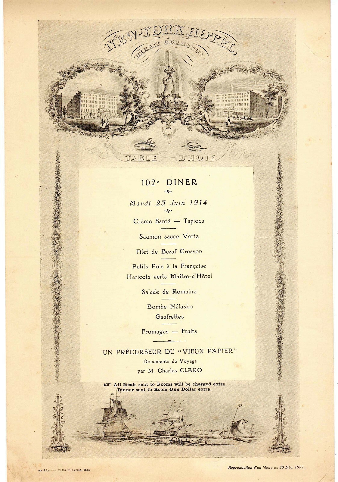 MENU 1914 NEW YORK HOTEL DINNER MENU 1914 NEW YORK HOTEL DINNER