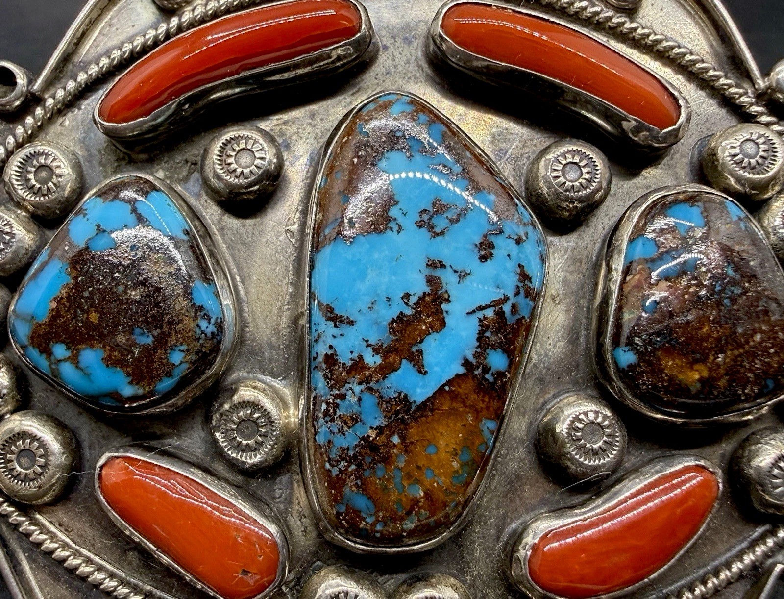 Amazing Navajo Handcrafted Sterling GEM BISBEE Turquoise & Red Coral Belt Buckle Amazing Navajo Handcrafted Sterling GEM BISBEE Turquoise & Red Coral Belt Buckle