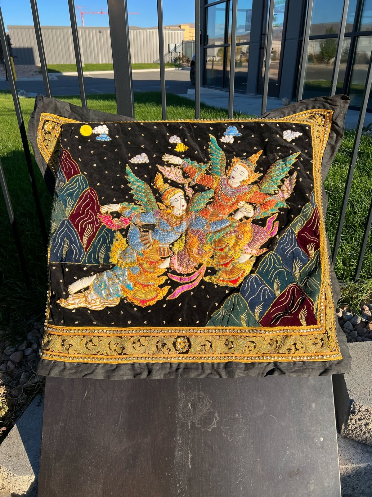 Burmese Kalaga Antique Tapestry Ancient Kinnara and Kinnari, Eternal Lovers Burmese Kalaga Antique Tapestry Ancient Kinnara and Kinnari, Eternal Lovers