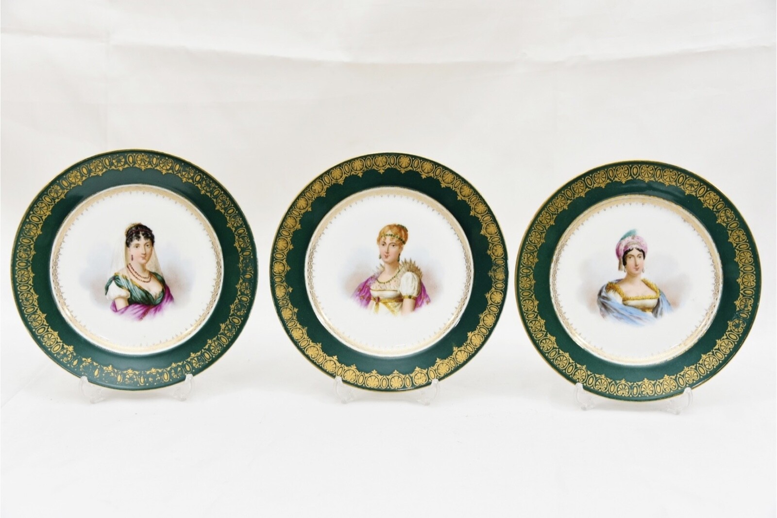 Lot of 3 ANTIQUE SEVRES HAND PAINTED GILDED PLATES WOMEN  PORTRAITS SIGNED 