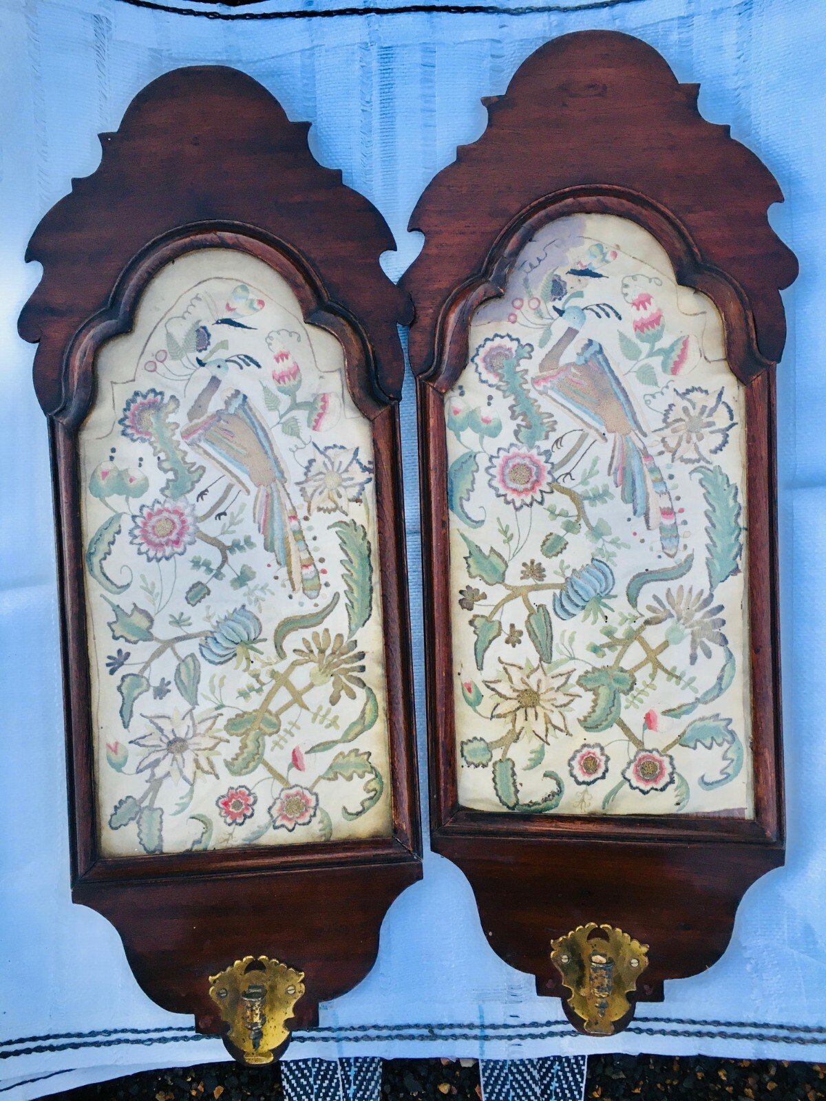 WALNUT AND CREWEL WORK WALL SCONCES 1680-1720 STUMPWORK EMBROIDERED 17TH CENT 