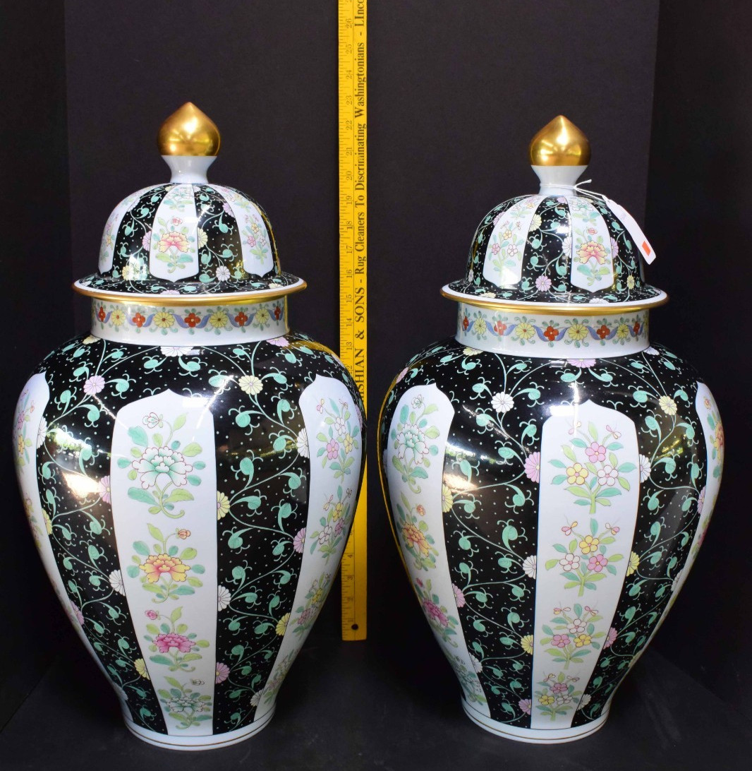 Rare Find - Large Pair of Herend Siang Noir Black Dynasty Lidded Urn Vases, 23 Rare Find - Large Pair of Herend Siang Noir Black Dynasty Lidded Urn Vases, 23