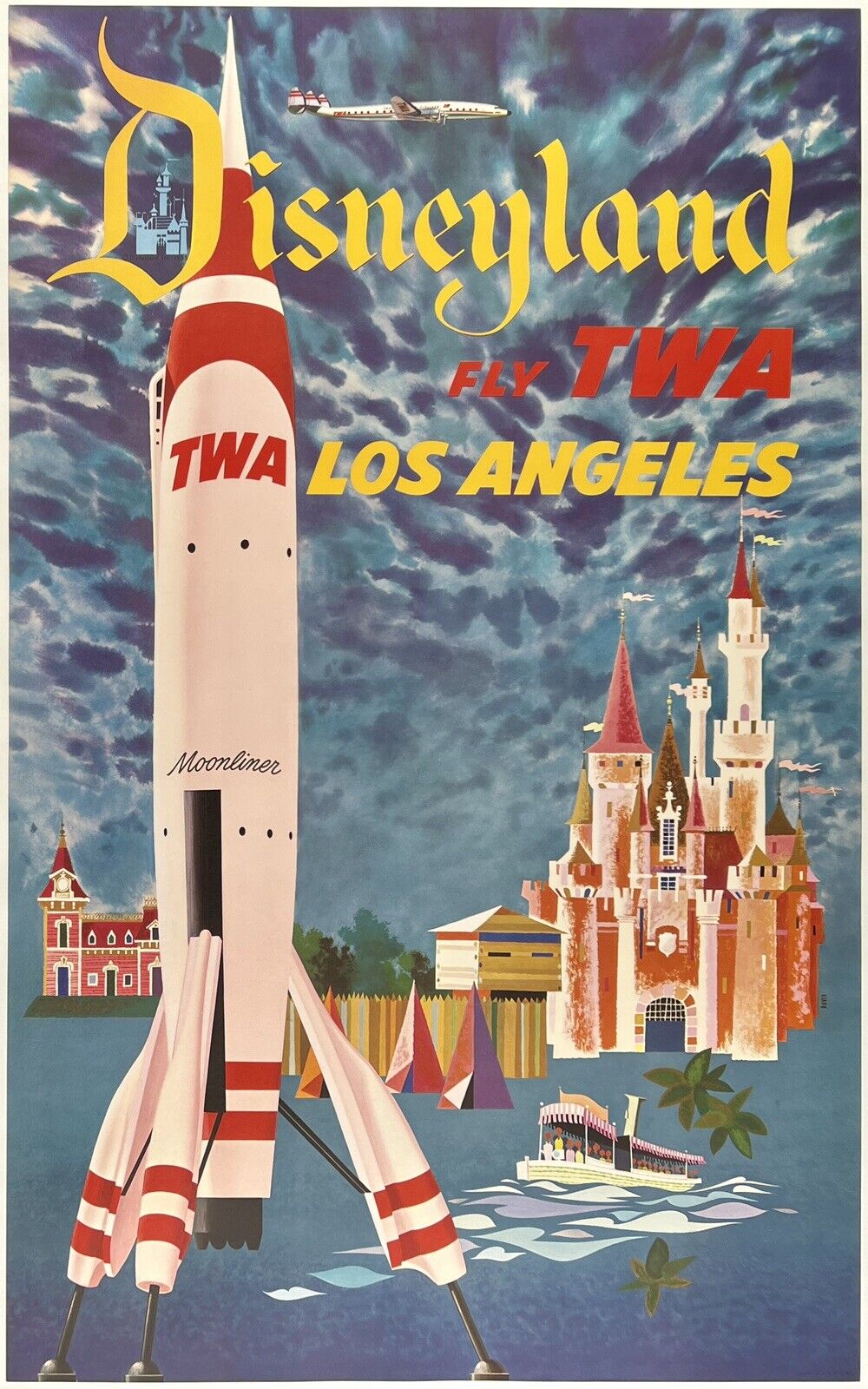Original Vintage Poster DISNEYLAND FLY TWA LOS ANGELES MOONLINER Travel NM LINEN
