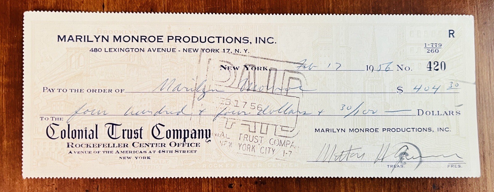 Marilyn Monroe Milton Greene 1956 Issued Check & Checkbook Page with Check Info
