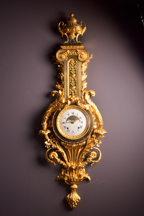 Clock Cartel XL French Louis XVI Ormolu Bronze Enamel Dial Signed 19thC 55inch