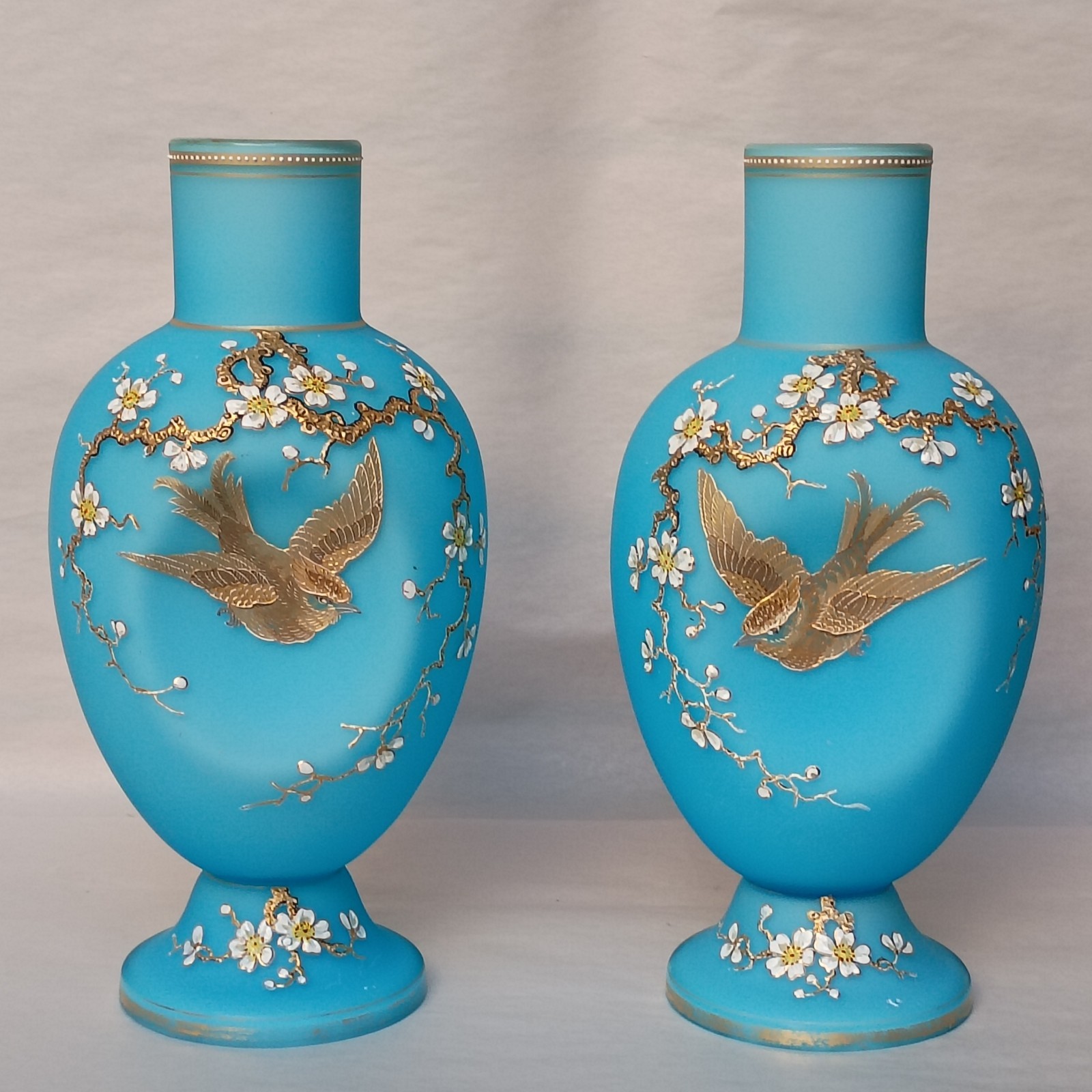Pair Antique Harrach Bohemian Czech Blue Cased Glass Bird Vases 11 Pair Antique Harrach Bohemian Czech Blue Cased Glass Bird Vases 11