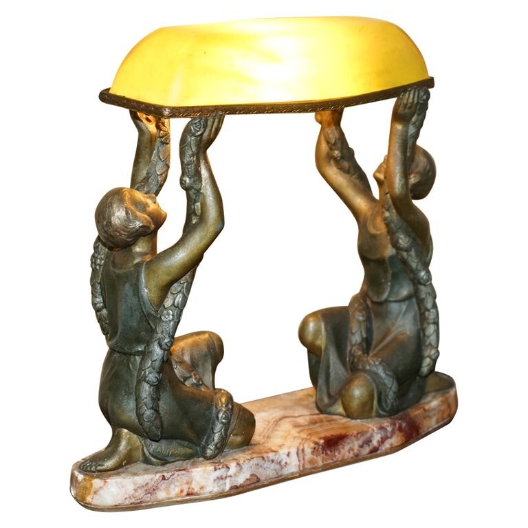 RARE ANTIQUE FRENCH ART DECO 20s COLD PAINTED BRONZE TABLE LAMP WITH MARBLE BASE RARE ANTIQUE FRENCH ART DECO 20s COLD PAINTED BRONZE TABLE LAMP WITH MARBLE BASE