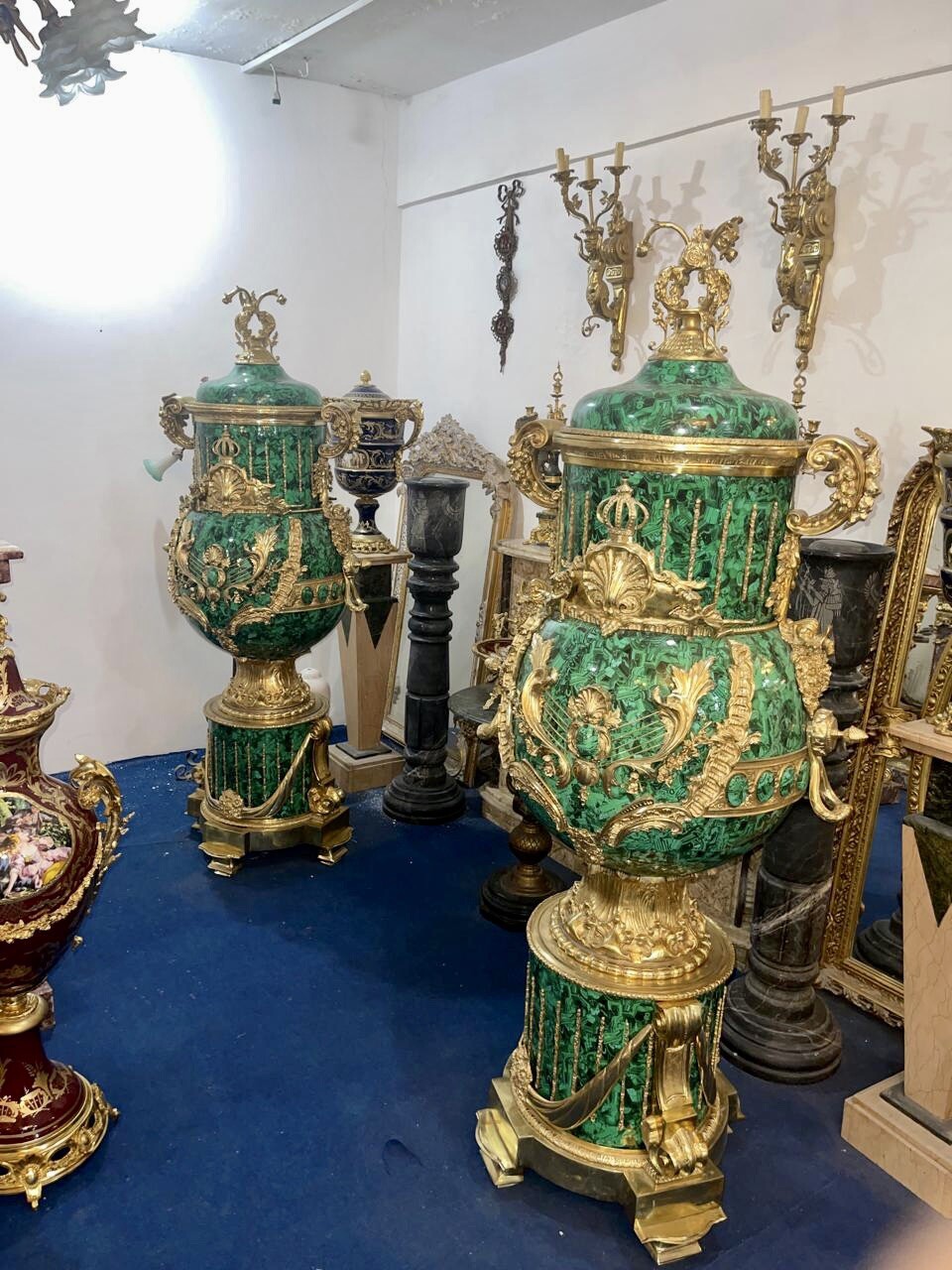 Pair of huge malachite and bronze Empire style vases H 2 meters Pair of huge malachite and bronze Empire style vases H 2 meters