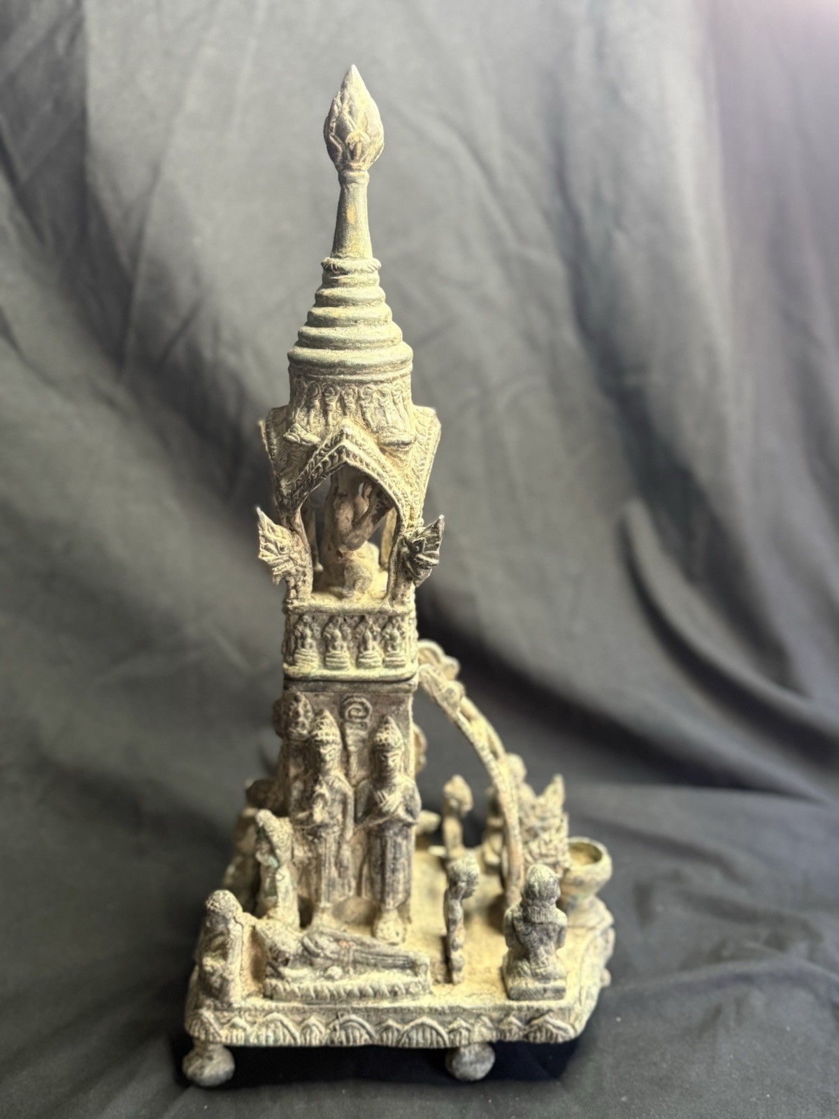 Ancient Khmer Bronze Buddhist Stupa Shrine c.12th–14thC Parinirvana Scene