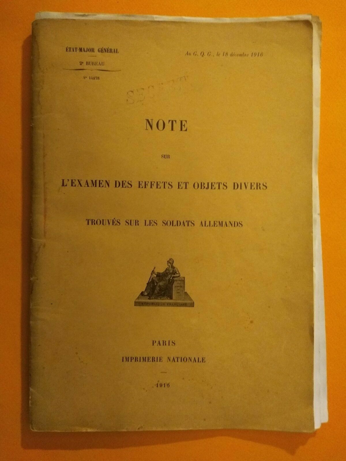 SECRET DOCUMENTS GENERAL STAFF - Examination of German Soldier Effects 1916 SECRET DOCUMENTS GENERAL STAFF - Examination of German Soldier Effects 1916