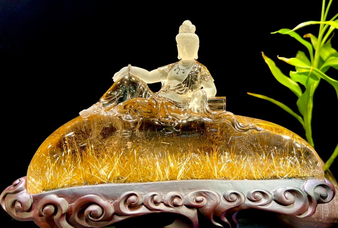 4.3LB Top Museum level Natural golden rutile Quartz Guanying pusa statue+ba 4.3LB Top Museum level Natural golden rutile Quartz Guanying pusa statue+ba