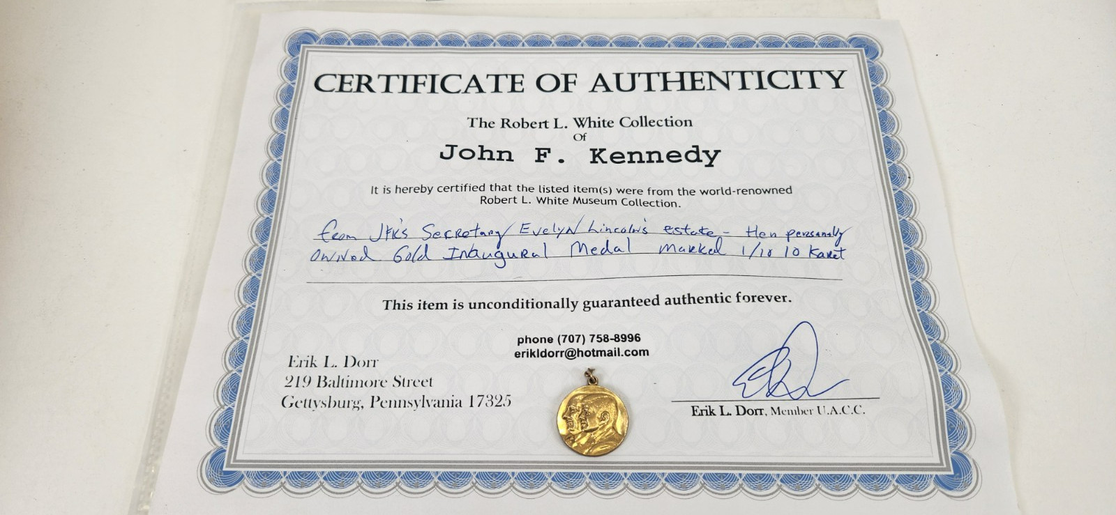 JFK Inaugural Ball Medal 1/10 10k Gold 1961 Evelyn Lincoln Kennedy Secretary COA