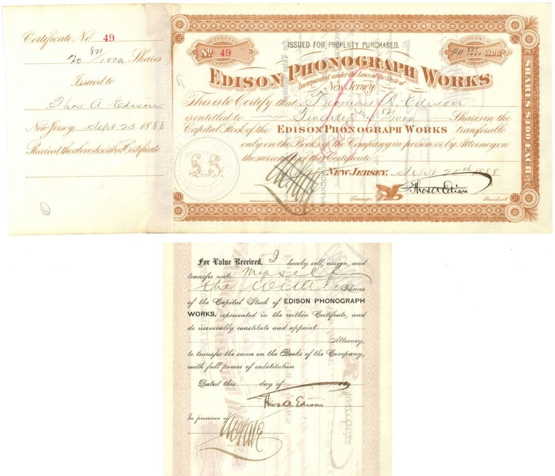 Double signed Thomas A. Edison on the Edison Phonograph Works - dated 1888 Aut Double signed Thomas A. Edison on the Edison Phonograph Works - dated 1888 Aut