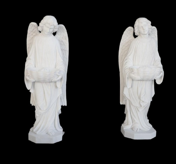 Pair Together, White Marble Angel Holy Water Font Statues, 48