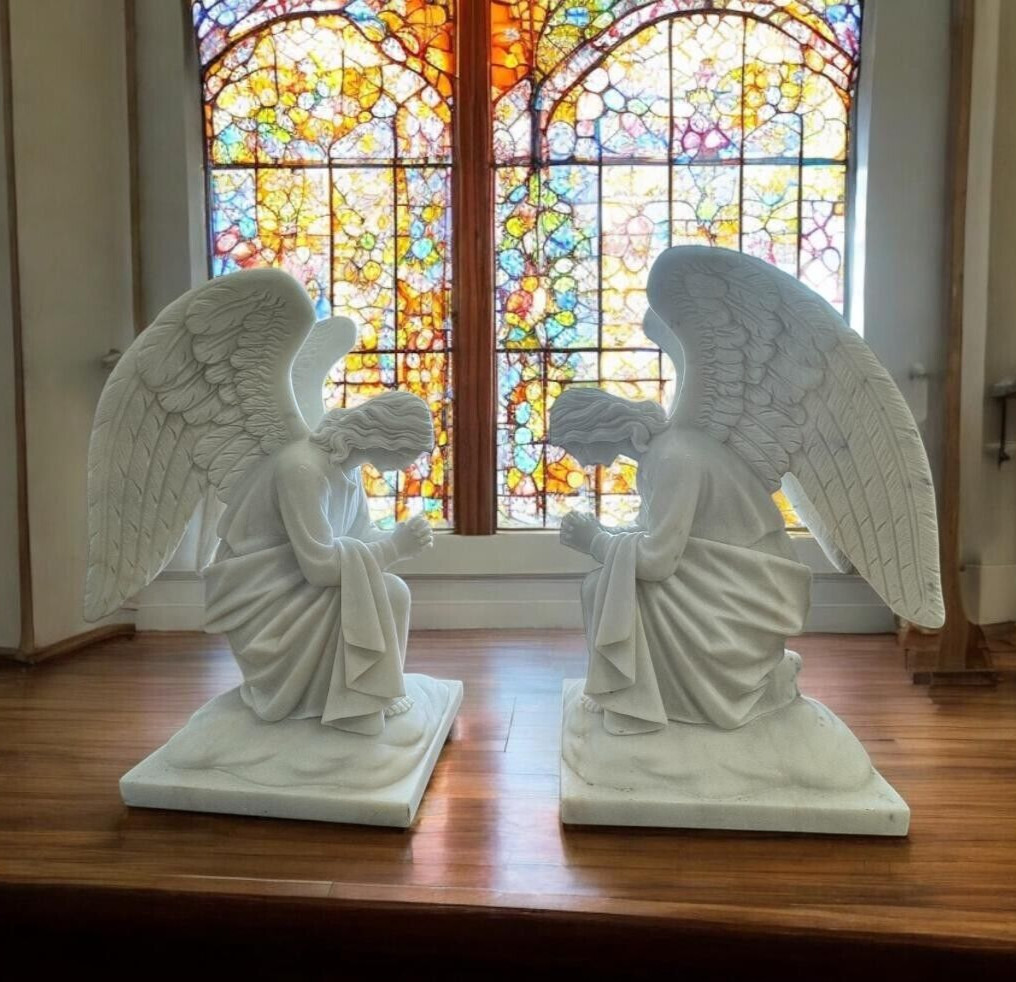 + Pair of Solid Marble Angel Statues, 28