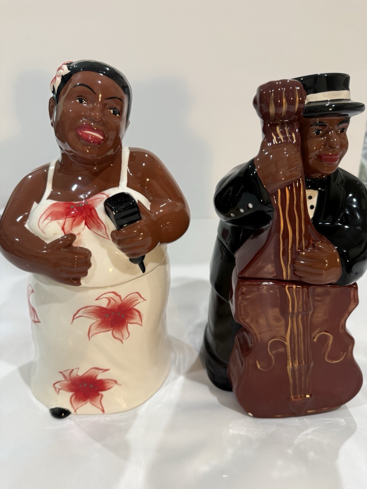Jazz Man Playing Base Cookie Jar By Casa Vero Lady Floral Dress PAIR Set Of 2