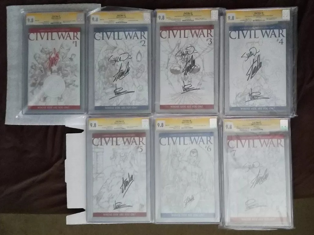 Civil War Complete Set Sketch Covers CGC 9.8 Signed by Stan Lee, Vines & Mcniven Civil War Complete Set Sketch Covers CGC 9.8 Signed by Stan Lee, Vines & Mcniven