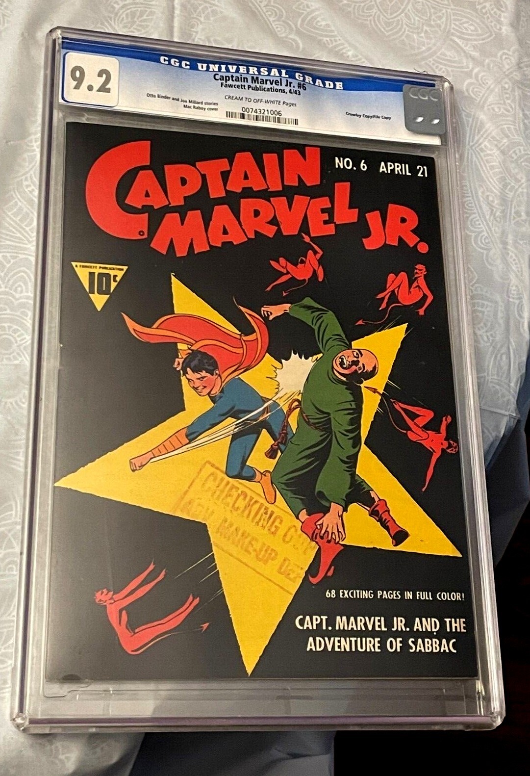 CAPTAIN MARVEL JR. 6 CGC 9.2 / MAC RABOY DEVIL (BLACK) COVER / 1943 CROWLEY FILE
