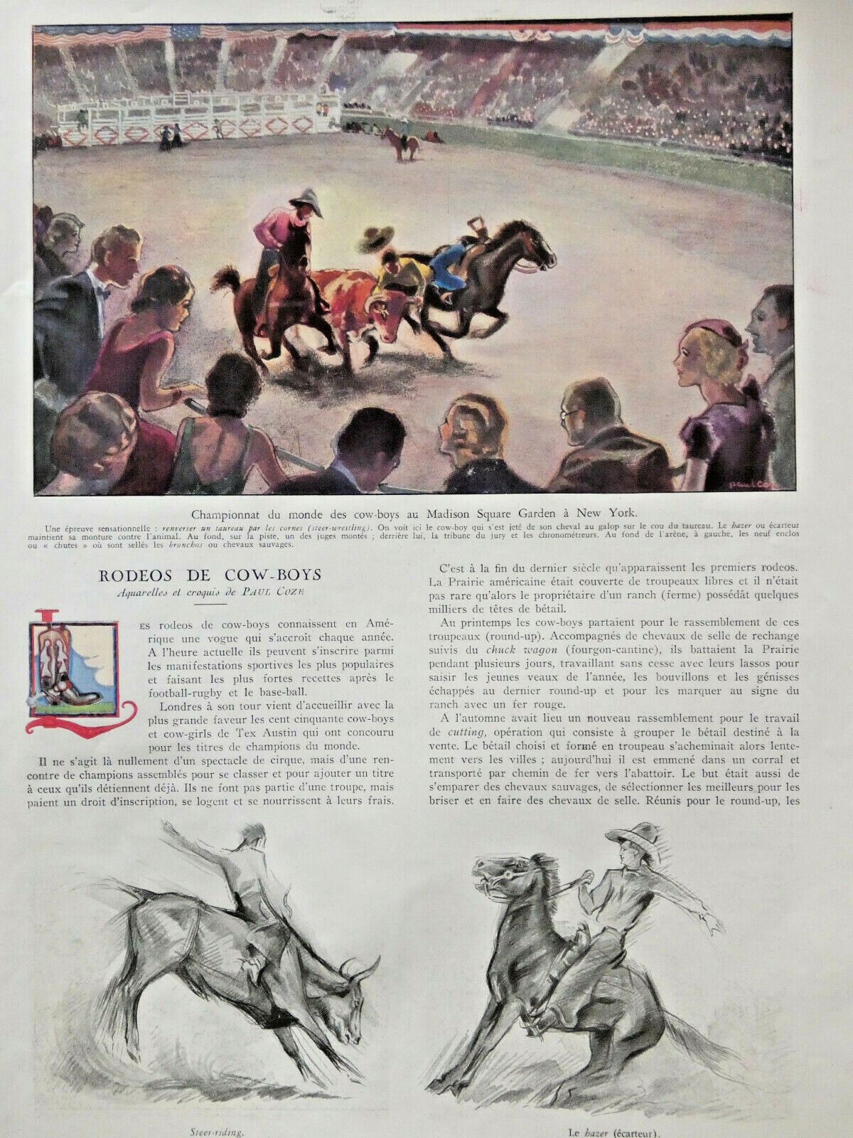 PRESS ARTICLE 1934 RODEOS DE COW-BOYS watercolors and sketches by PAUL COZE
