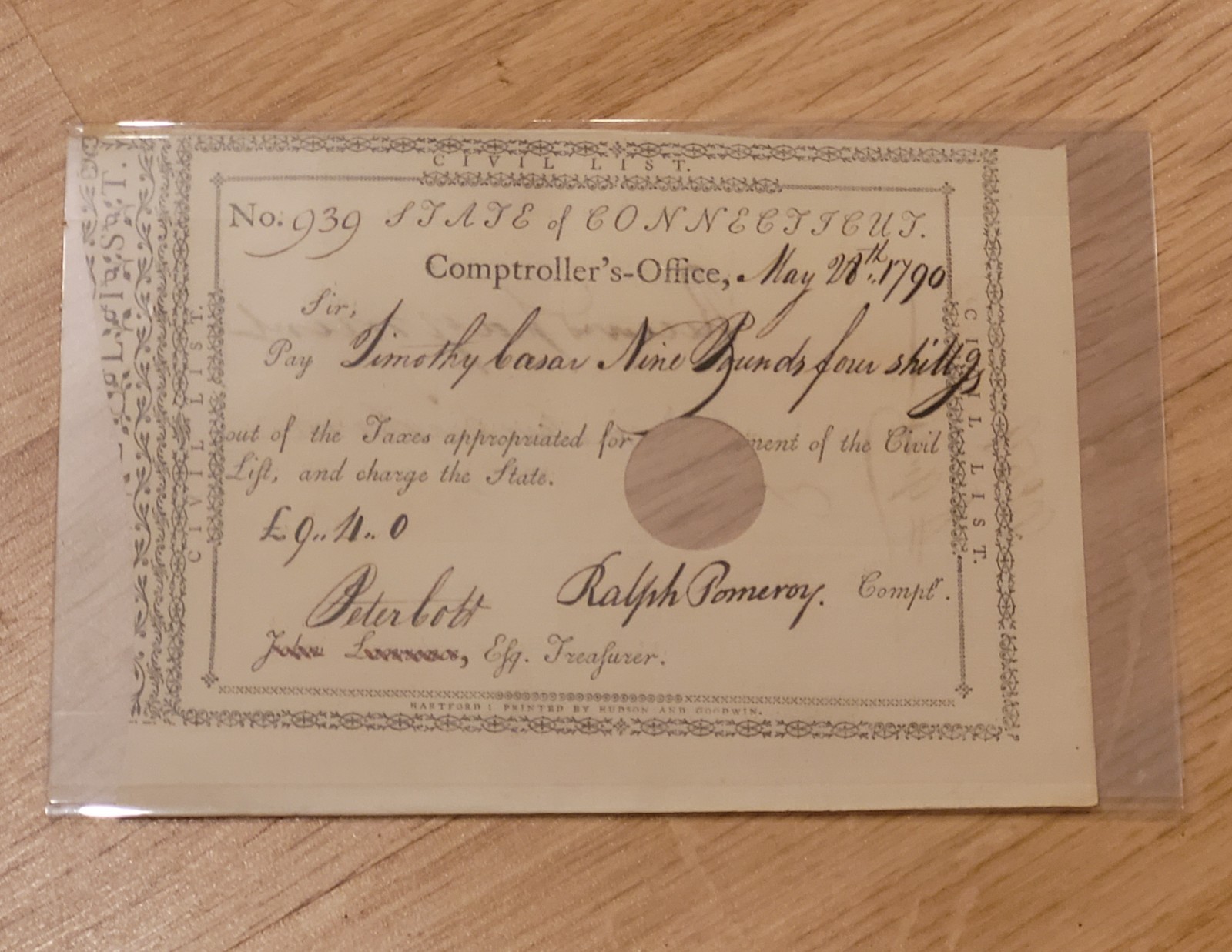 1790 Timothy Caesar Black Revolutionary War Soldier CT Civil List Document Rare