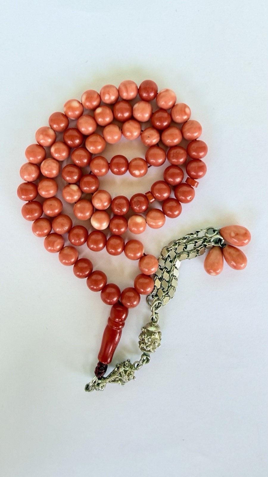 Antique Mediterranean red coral  Silver Tassel islamic prayer 66 beads 53 grms R