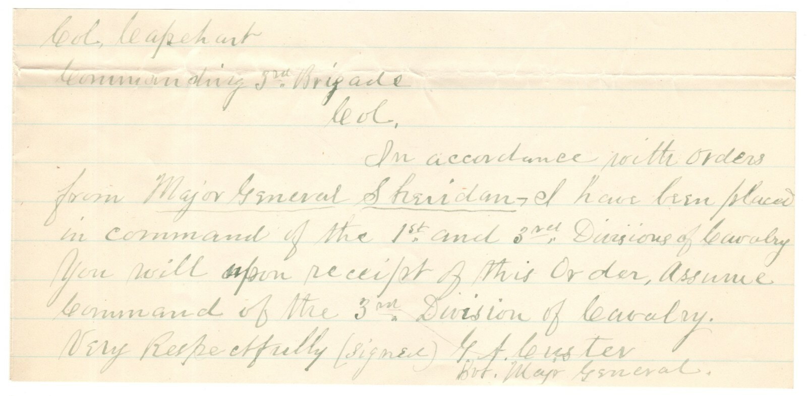 Important Orders Issued by Gen. George A. Custer on Very Day of Lee's Surrender