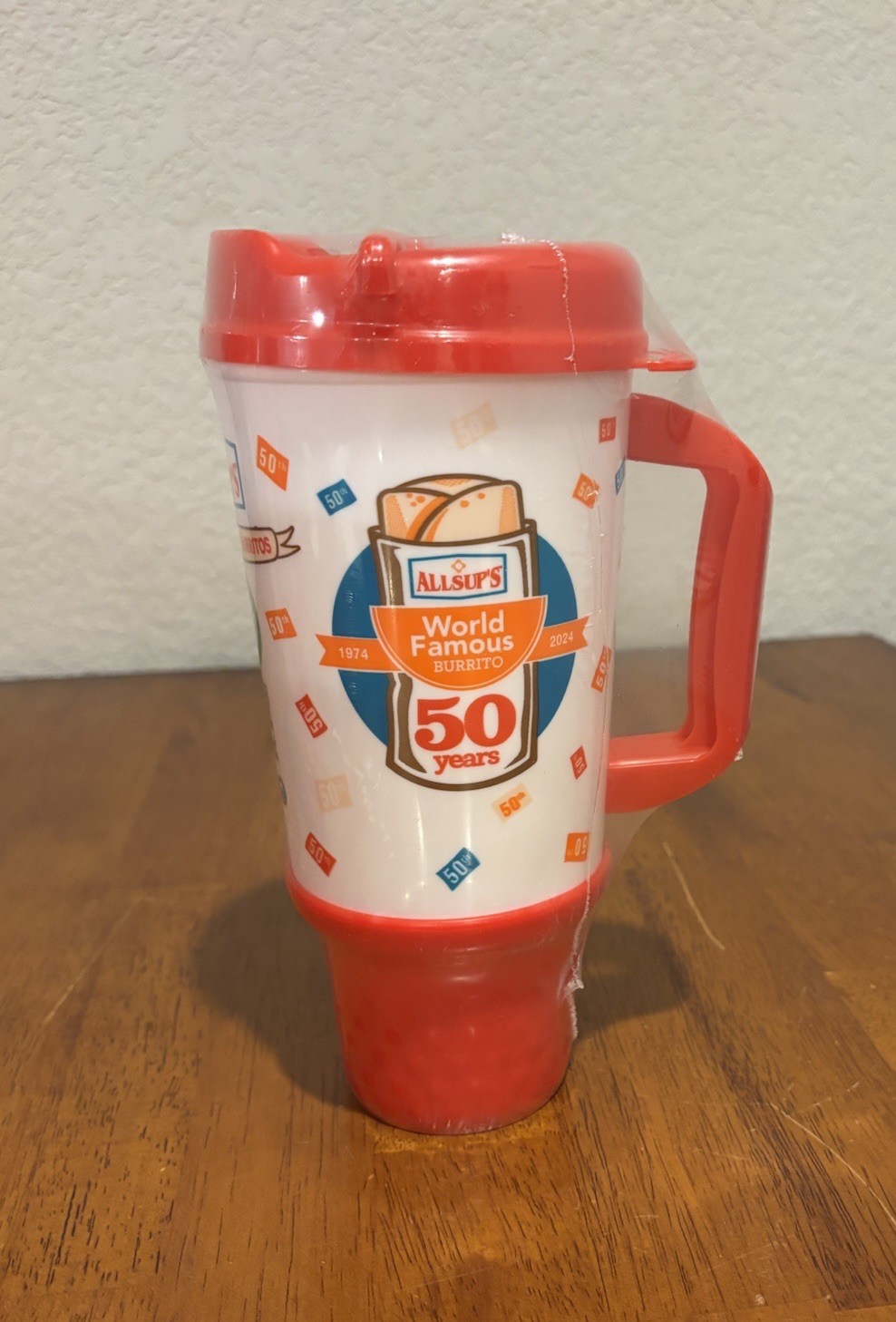 Allsup\'s 50th Anniversary World Famous Burrito 32 oz Travel Mug Red Whirley New Allsup\'s 50th Anniversary World Famous Burrito 32 oz Travel Mug Red Whirley New