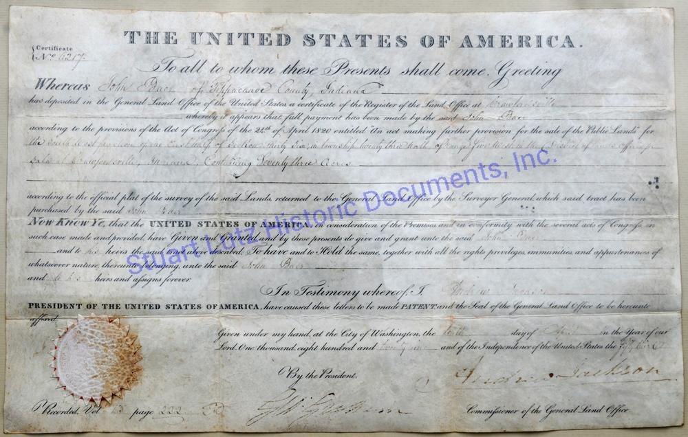 Andrew Jackson signed Presidential land grant for Tippecanoe County, Indiana Andrew Jackson signed Presidential land grant for Tippecanoe County, Indiana