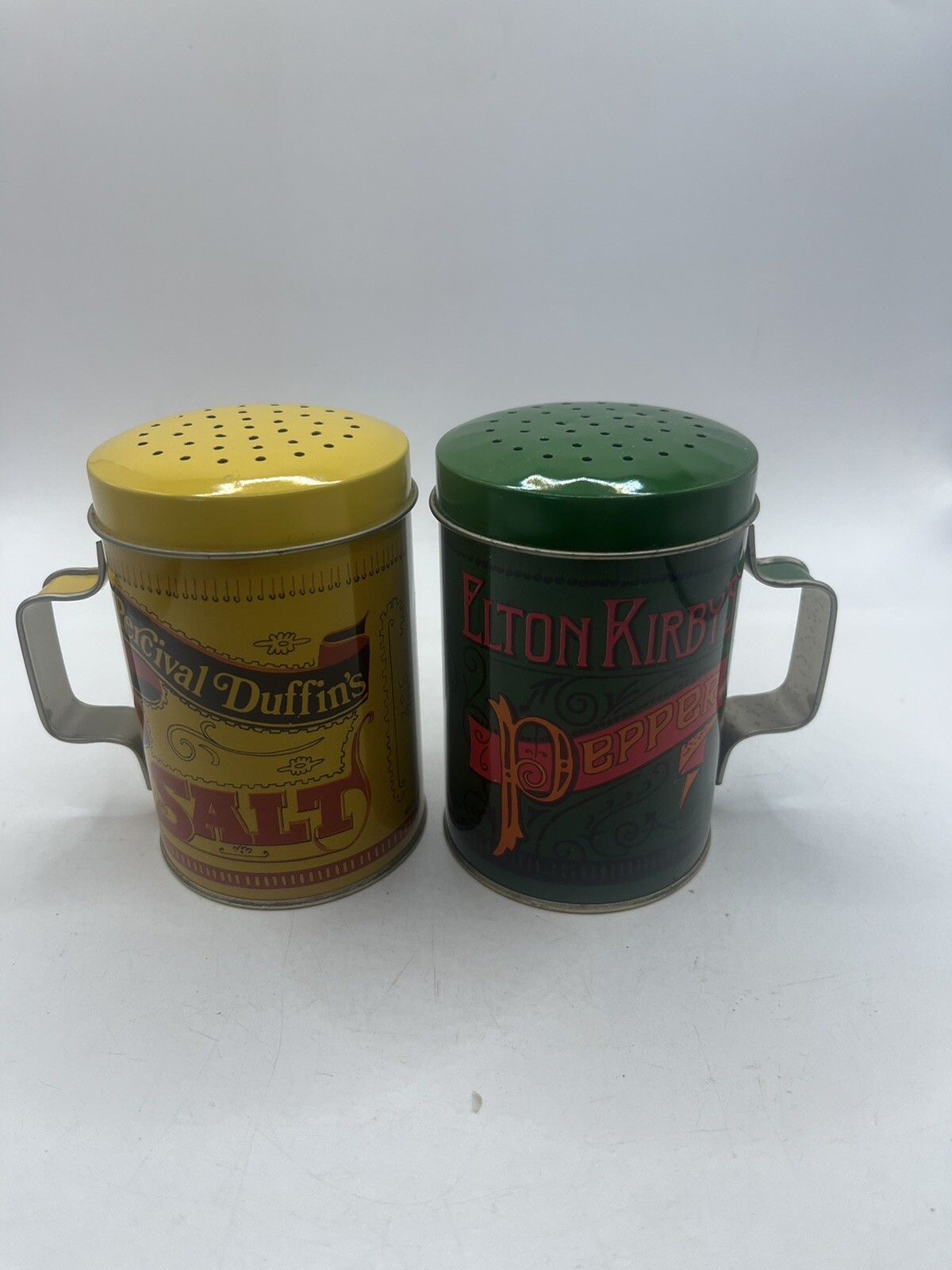 Vintage Tin Can Percival Duffin\'s Elton Kirby\'s Salt And Pepper Shakers Handles