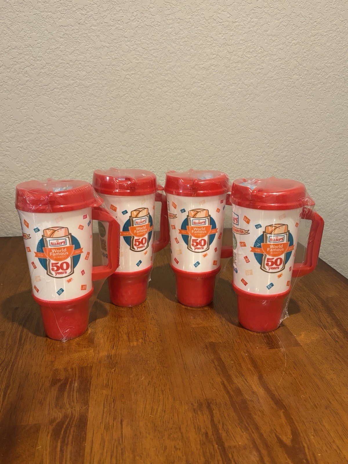 Allsup\'s 50th Anniversary World Famous Burrito 32 oz Travel Mug Red Whirley New Allsup\'s 50th Anniversary World Famous Burrito 32 oz Travel Mug Red Whirley New