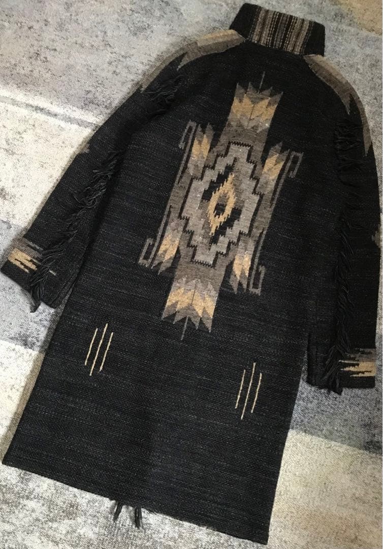RRL Masterpiece Exceptional Chimayo Pattern Fringe Maxi Length Knit Gown Cardiga
