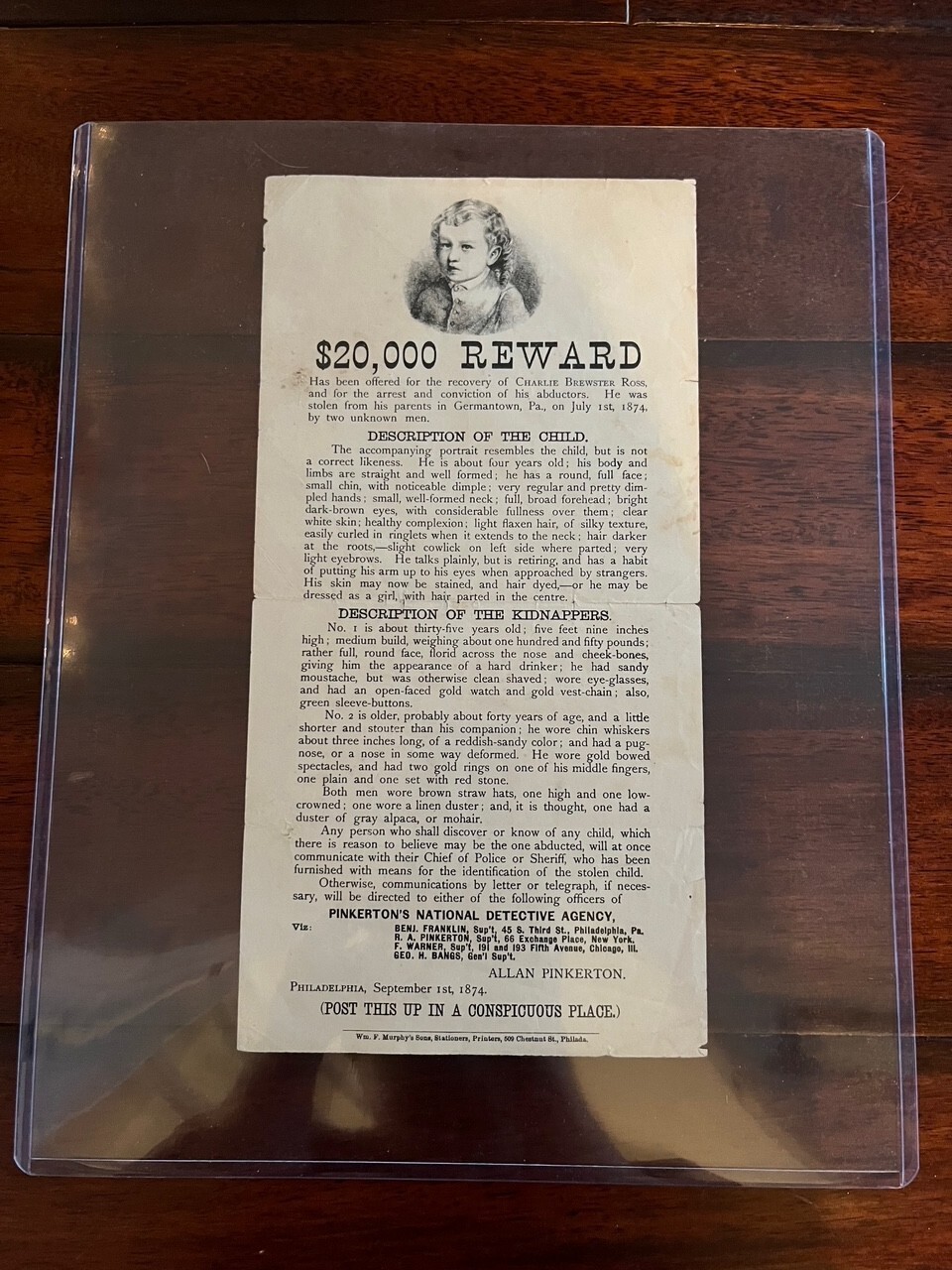1 OF ONLY 4 IN THE WORLD* 1874 CHARLEY ROSS KIDNAPPING FBI WANTED REWARD POSTER