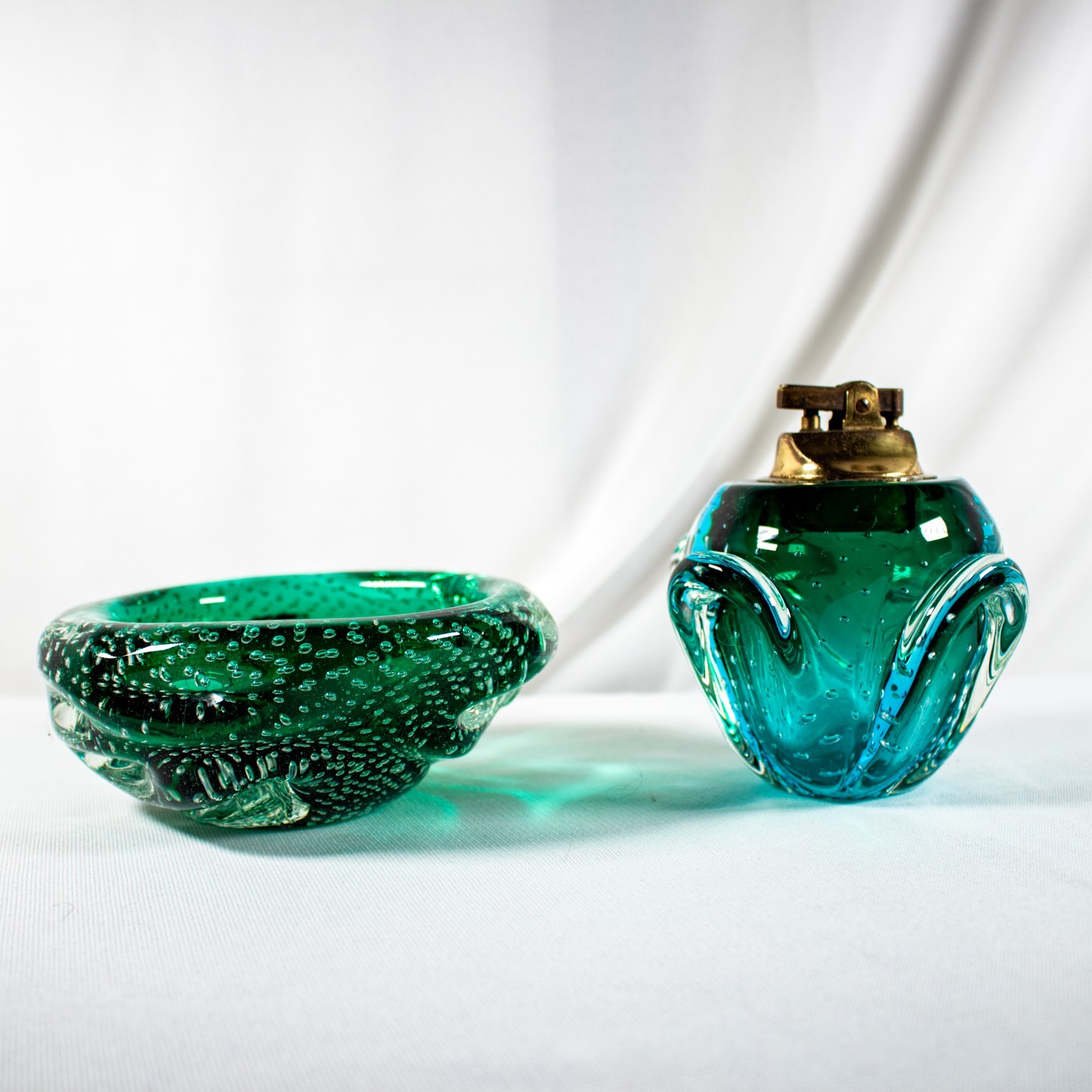 MURANO Vtg Glass Turquois Green Bullicante Ashtray Cigar Cigarette Lighter Set MURANO Vtg Glass Turquois Green Bullicante Ashtray Cigar Cigarette Lighter Set