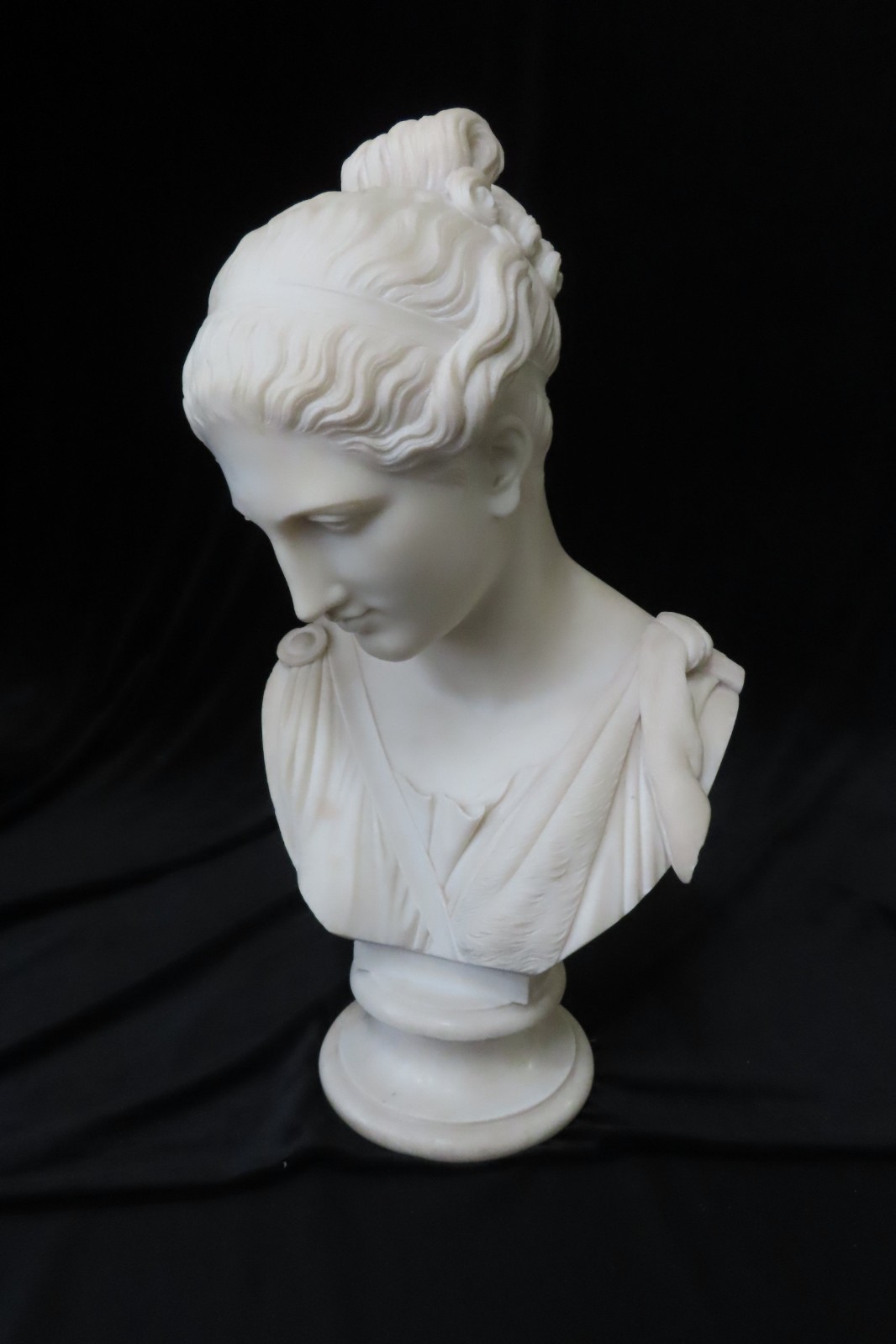 Antique German EMIL WOLFF Marble Bust of Roman Goddess DIANA with Deer Pelt Sash