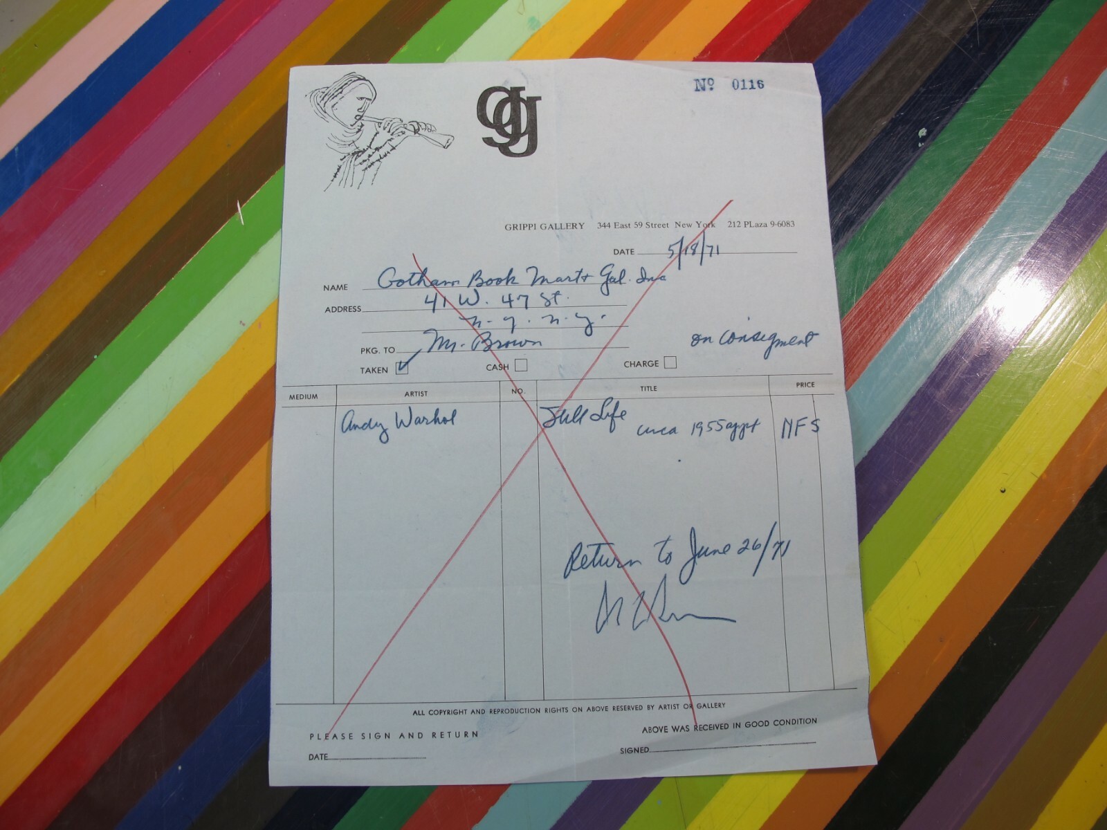 vtg 1971 paper receipt for Andy Warhol painting -Grippi Gallery Gotham Book Mart vtg 1971 paper receipt for Andy Warhol painting -Grippi Gallery Gotham Book Mart