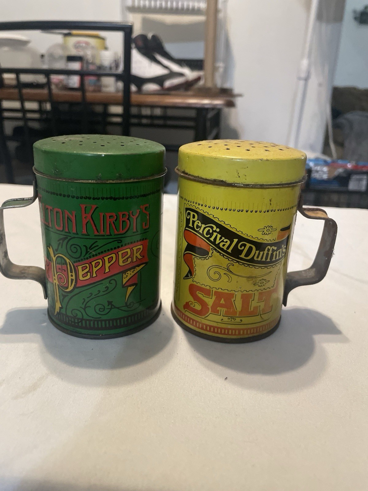 Percival Duffin’s & Elton Kirby’s Tin Salt Pepper Shakers Set Nostalgic Vintage