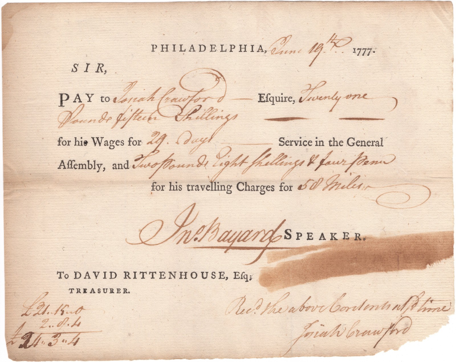 Important Pay Order for Clerk to 1776 Pennsylvania Constitutional Convention