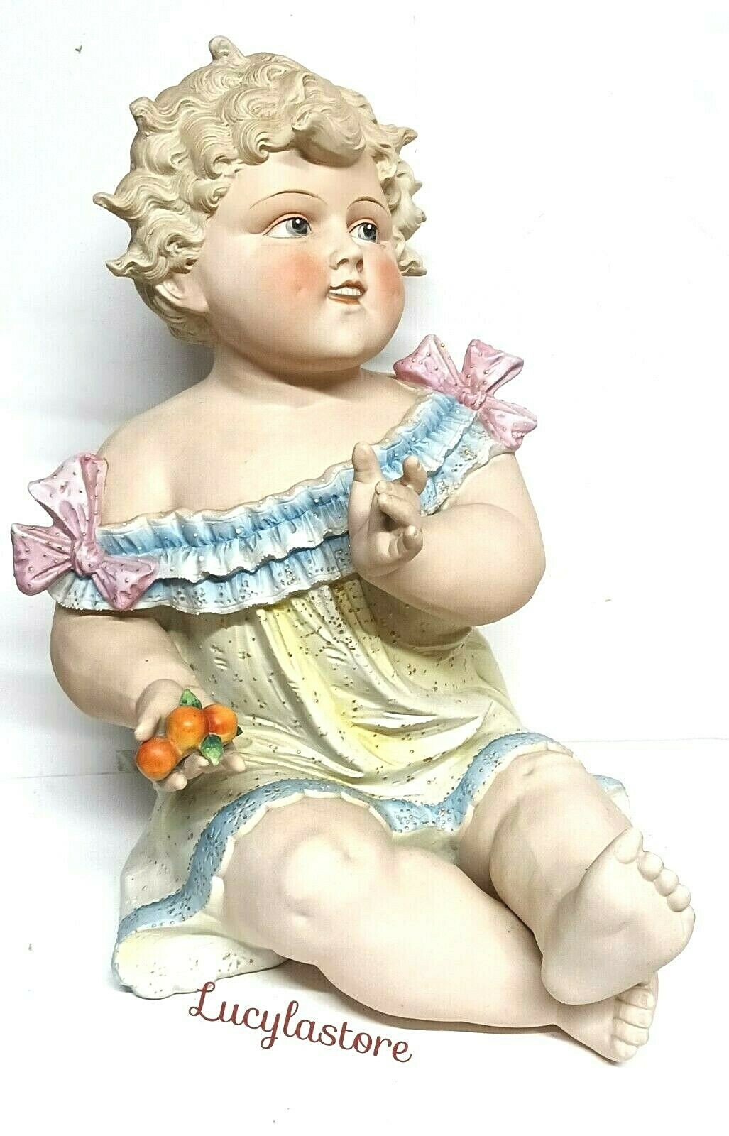 Huge Antique Conta Boehme BISQUE Porcelain PIANO Baby Figurine GIRL w/ Fruit