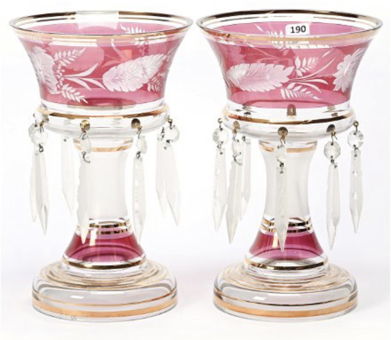 Victorian Era Cranberry Glass Candle Lusters  With Glass Prisms (set of 2)