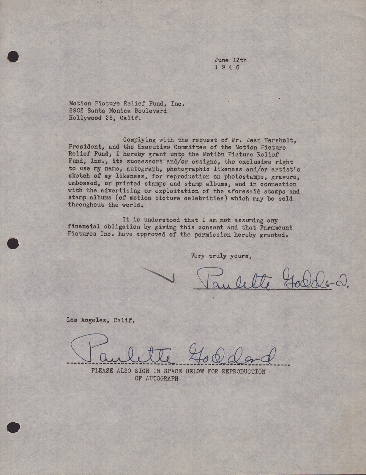PAULETTE GODDARD - DOCUMENT DOUBLE SIGNED 06/12/1946