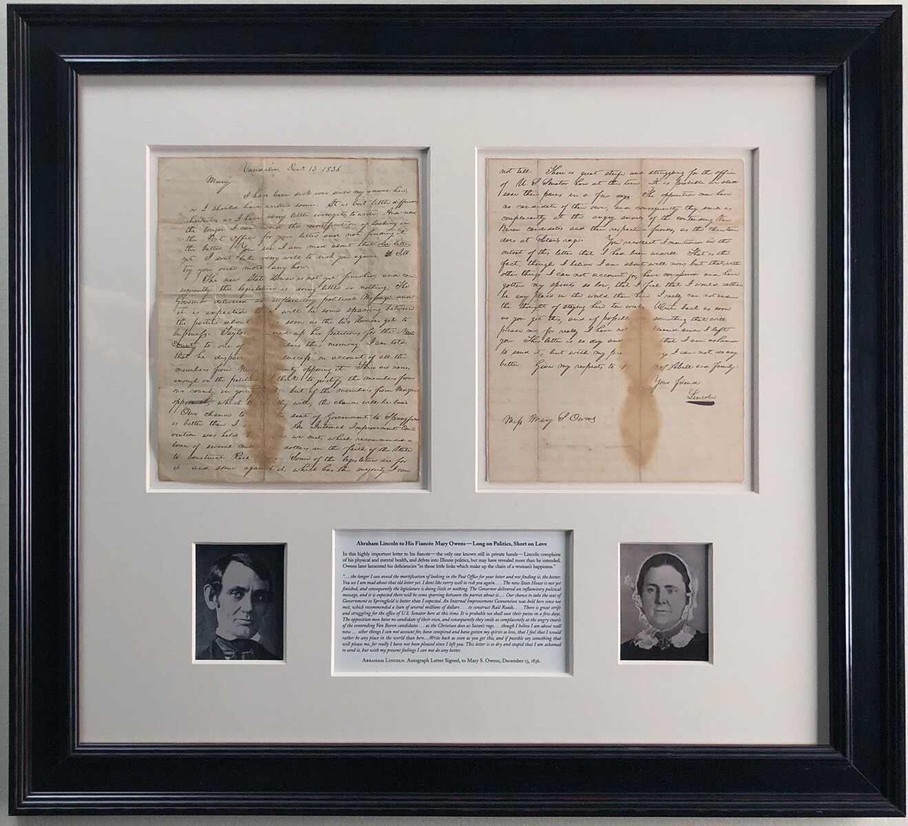 1836 Abe Lincoln orig. Autograph Letter Signed to his Fiancée Mary Owens (RARE) 1836 Abe Lincoln orig. Autograph Letter Signed to his Fiancée Mary Owens (RARE)
