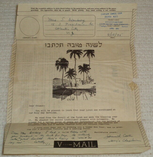 1945 Jewish Chaplain Samuel Cook South Pacific WW2 Original Rare V-Mail Holy Day 1945 Jewish Chaplain Samuel Cook South Pacific WW2 Original Rare V-Mail Holy Day